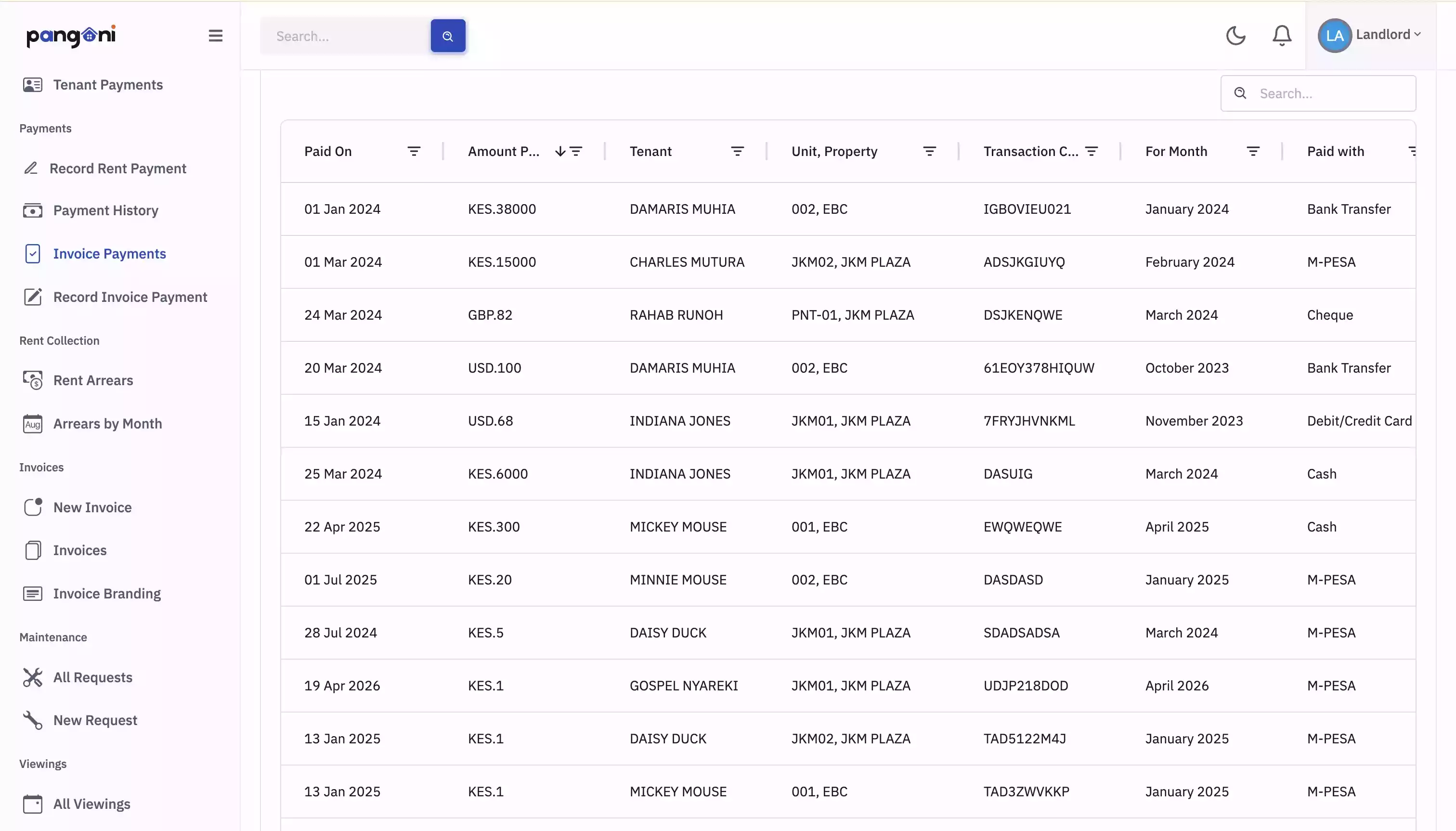 Paid rent invoice generated by Pangoni with M-Pesa receipt details